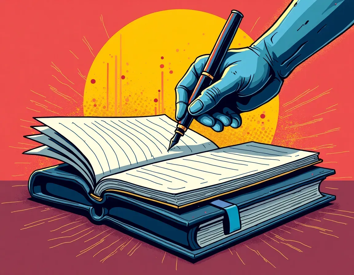 AI helping a writer work on a novel manuscript, with glowing digital text suggestions appearing alongside traditional paper pages