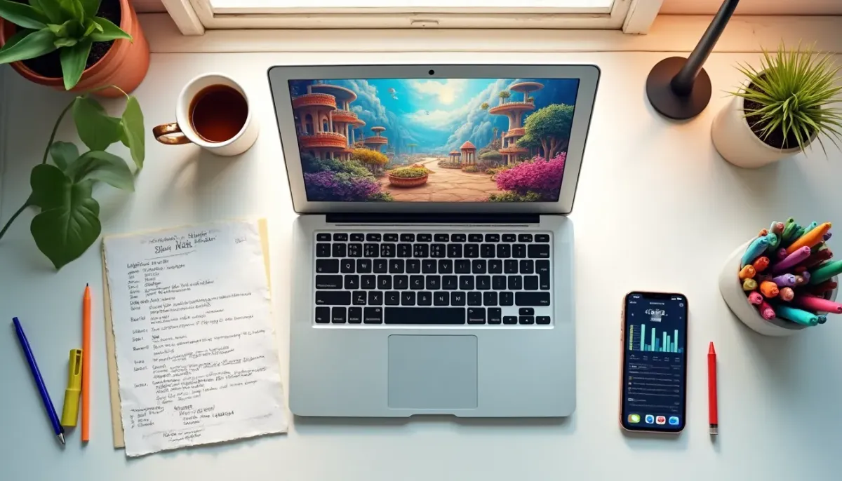 Overhead view of a blogger's workspace with laptop, notes, coffee, and planning materials arranged on a white desk
